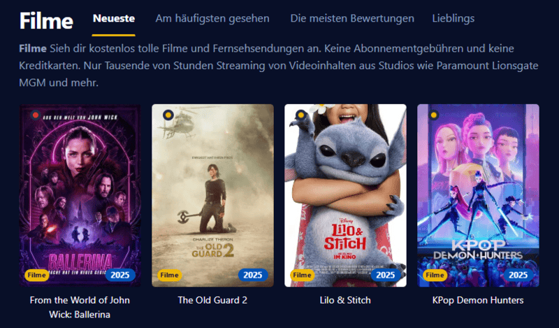 Bildschirmfoto der Einschalten Benutzeroberfläche die eine moderne Streaming Plattform mit Filmen und Serien zeigt